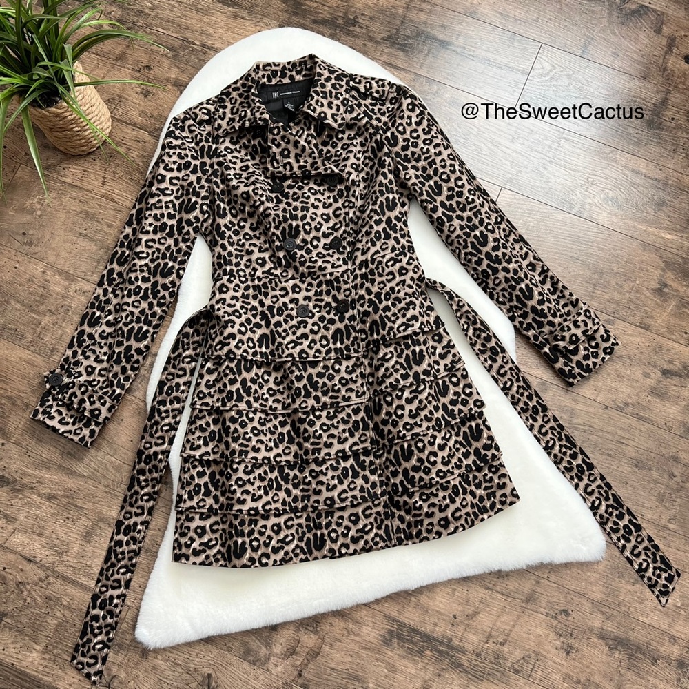 INC Tiered Ruffle Trench Coat Animal Print Leopard Jacket Size S